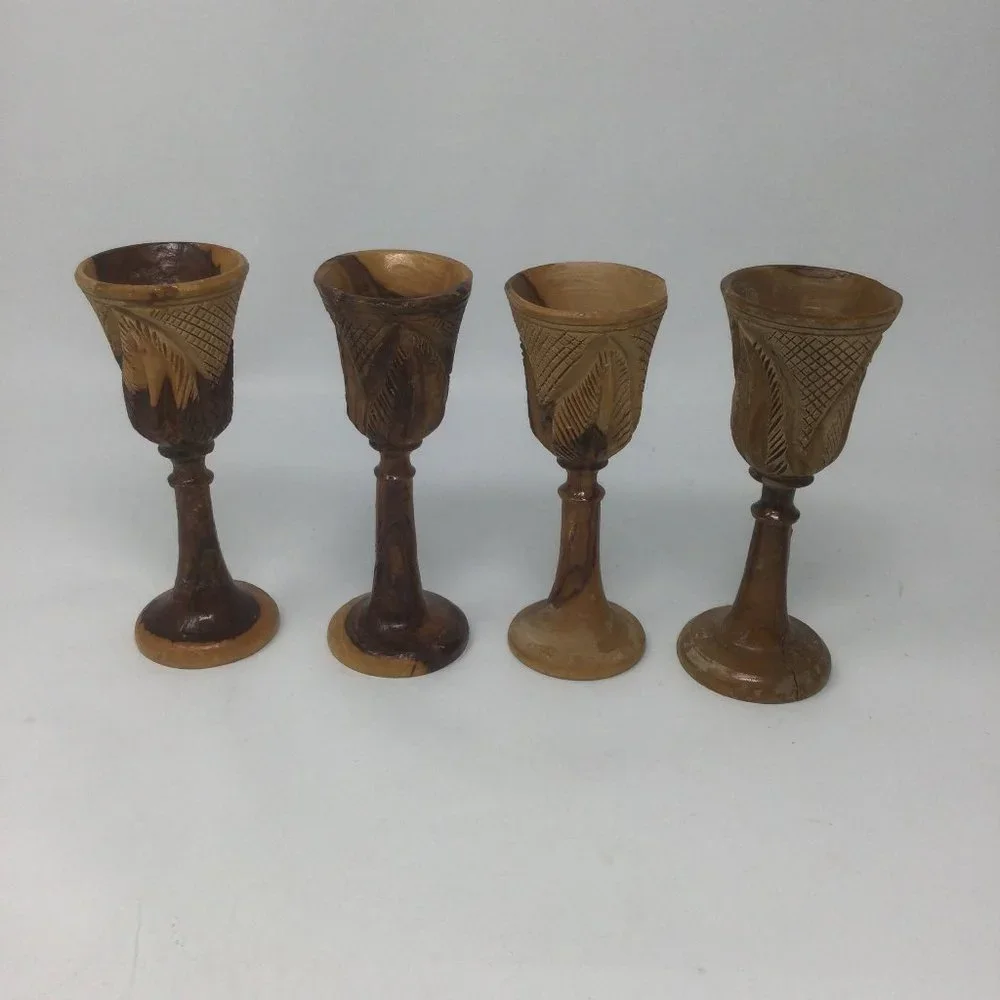 4 Vintage Wood Hand Carved Goblets Small
